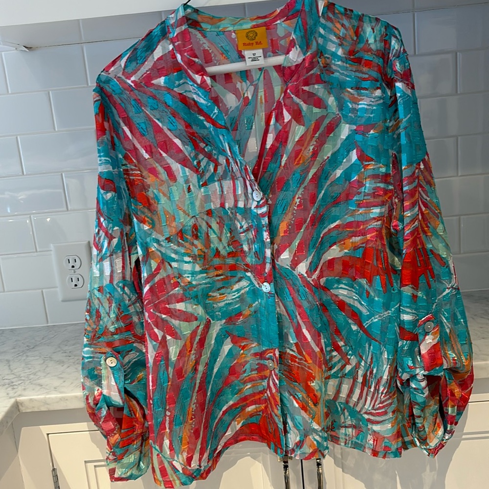 Ruby Rd. Colorful Button Blouse‎ Spring Easter Abstract